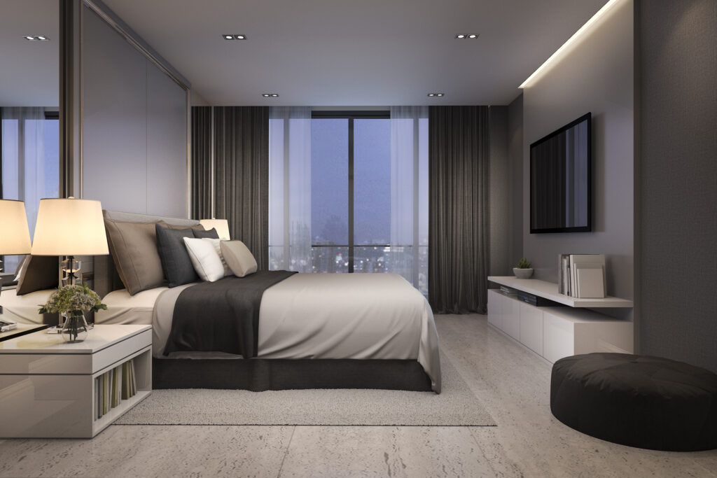 Quiet bedroom, with minimalist furniture - a great sleep environment.